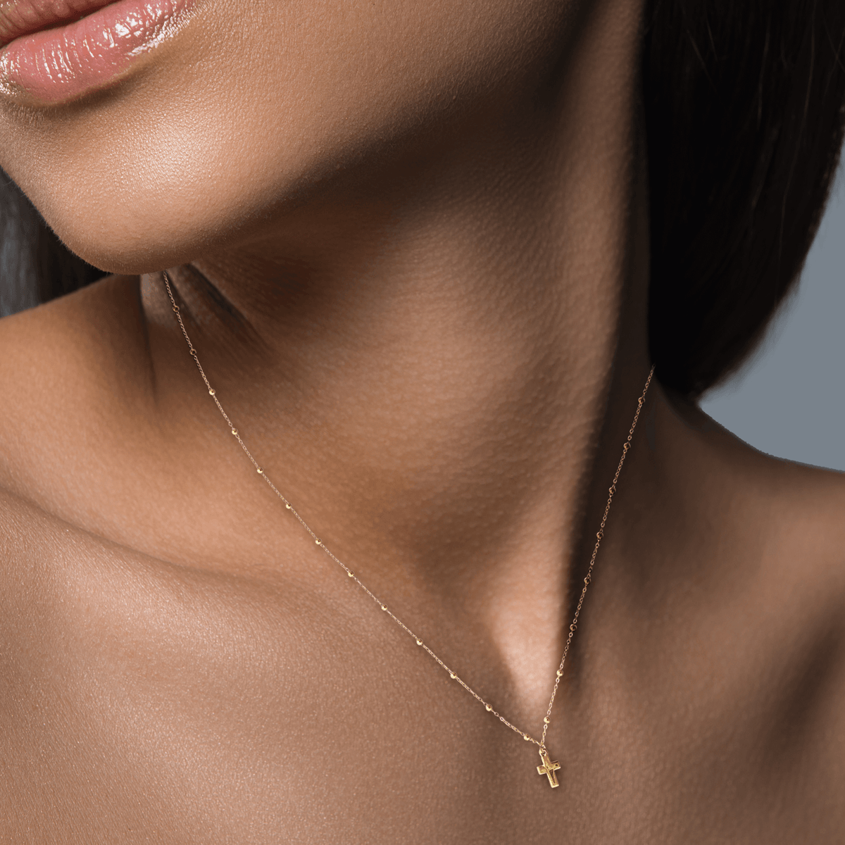 Collier Or 375 Boules Lisses Pendant Croix Lisse 42 à 45cm