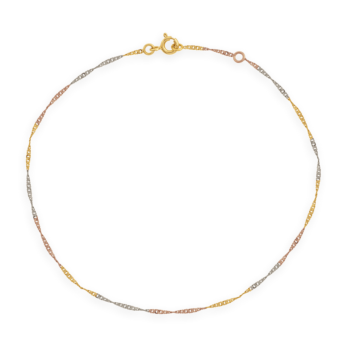 Chaîne Cheville Or 375 27cm Maille Singapour 1.5mm Tricolore