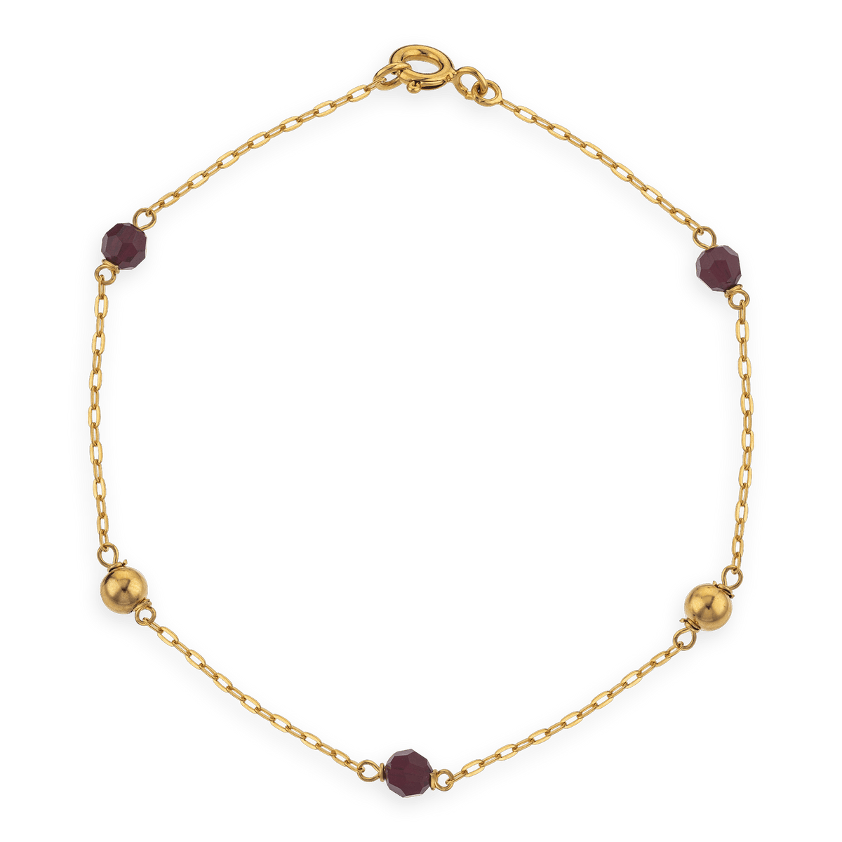 Bracelet Or 375 Chaîne Forçat Boules 3mm Cristal Grenat 3mm 18cm