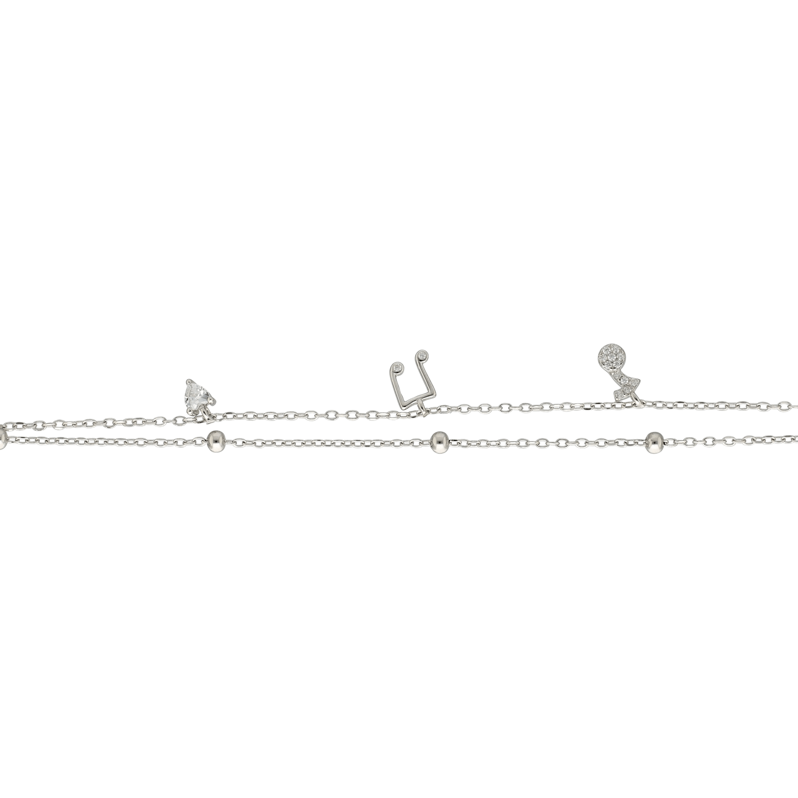 Bracelet Argent double chaîne boule plus note 17 plus 3 centimètres