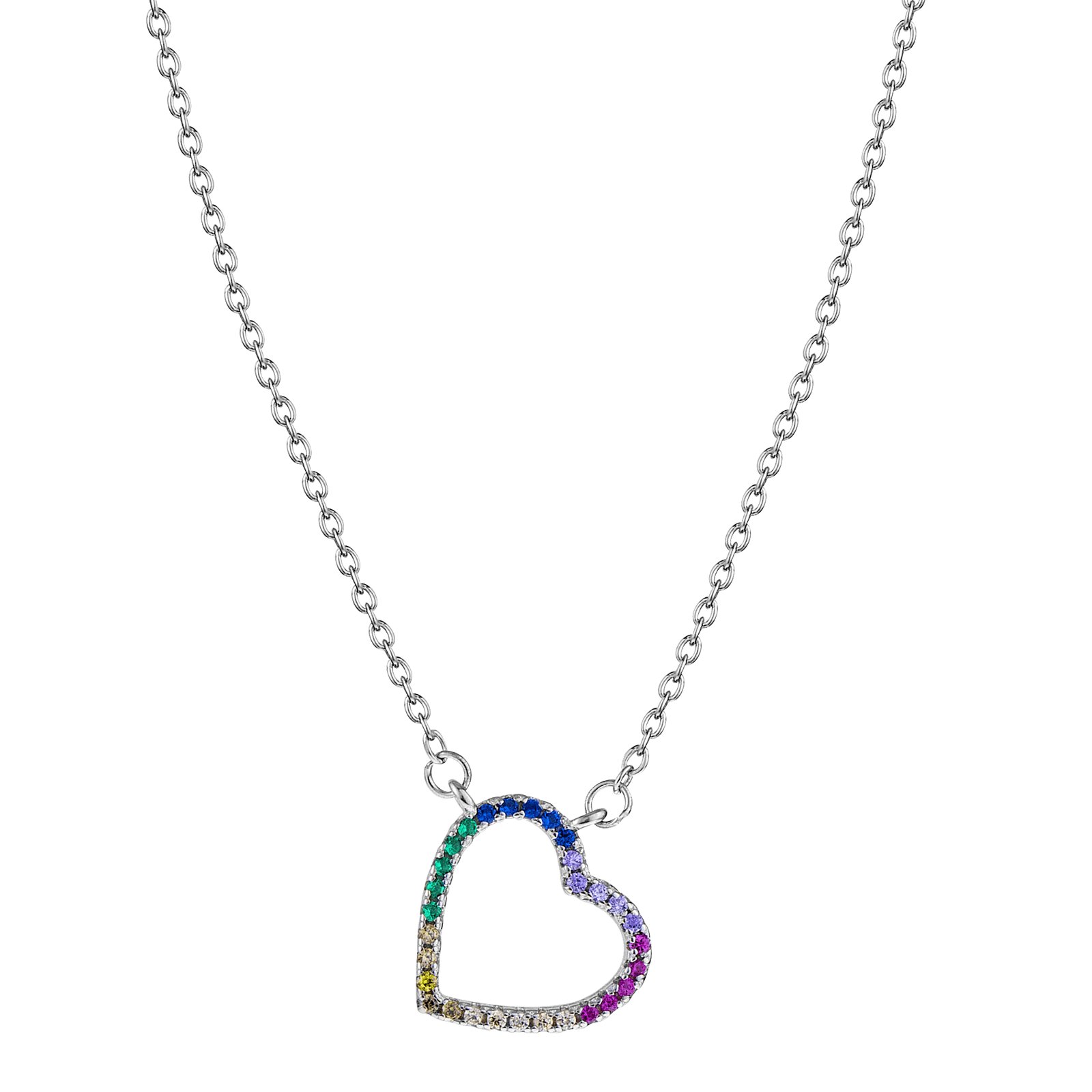 Collier Argent Pendentif coeur ajouré Oxyde de Zirconium arc en ciel 42 plus 3 centimètres