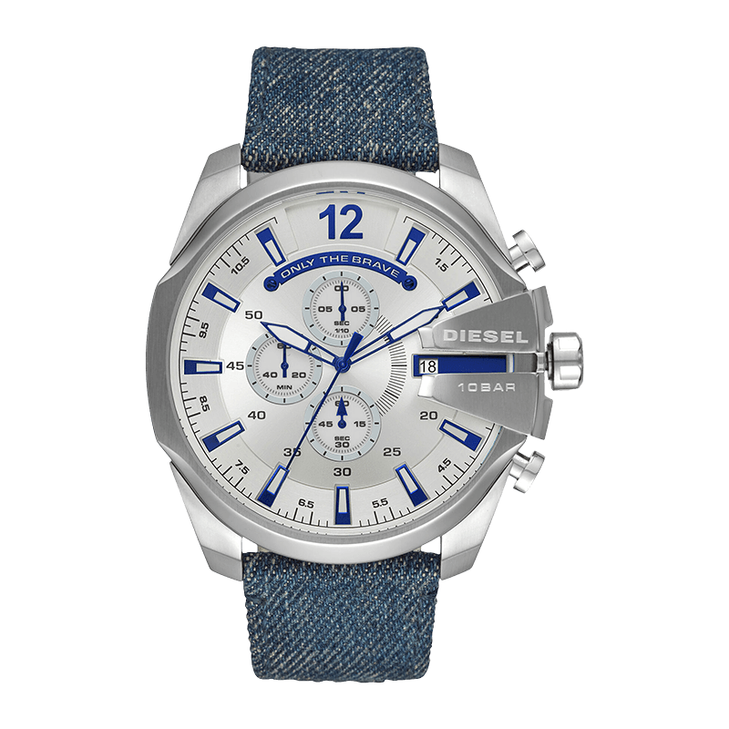 Montre Homme Diesel Mega Chief Boîtier Acier 51mm, Cadran Argenté, Bracelet Denim Bleu – DZ4511
