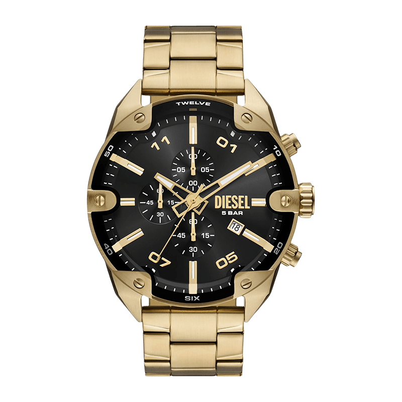 Montre Homme Diesel Spiked Boîtier/Bracelet Acier Doré 49mm, Cadran Noir Soleil – DZ4678