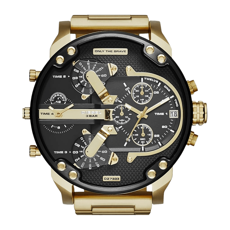 Montre Homme Diesel Mr. Daddy 2.0 Boîtier/Bracelet Acier Doré 57mm, Cadran Noir Multicouche 4 Fuseaux – DZ7333