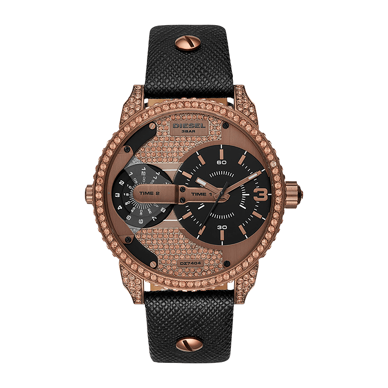 Montre Femme Diesel Mini Daddy Boîtier Acier Cuivre 46mm, Cadran Doré Rose, Bracelet Cuir Noir – DZ7404
