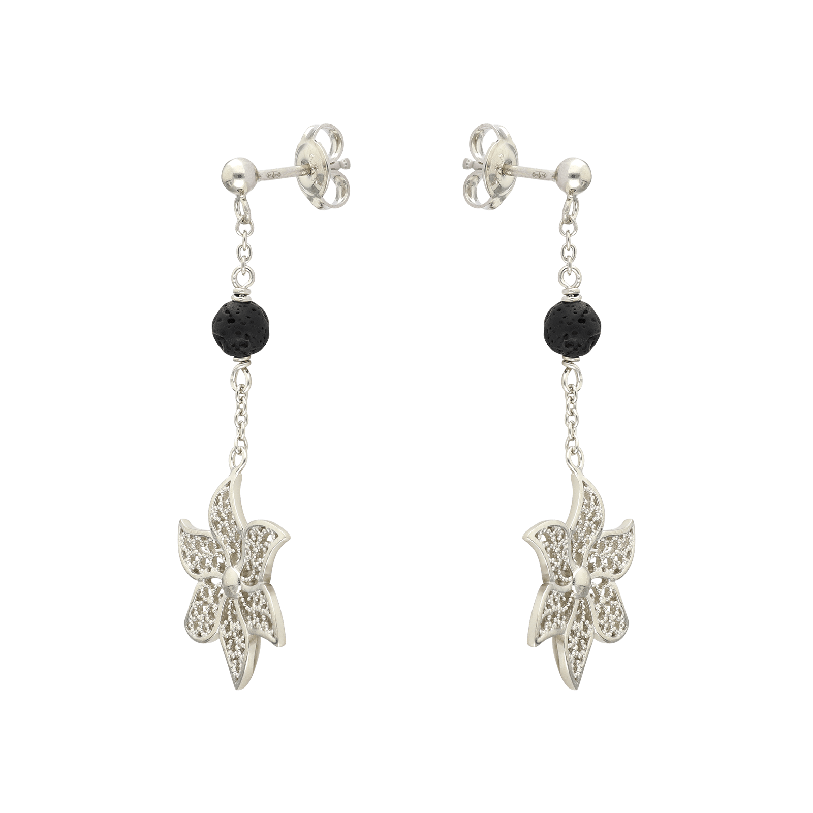 Boucles d'Oreilles Argent Pendentif fleur filigrane pierre de lave