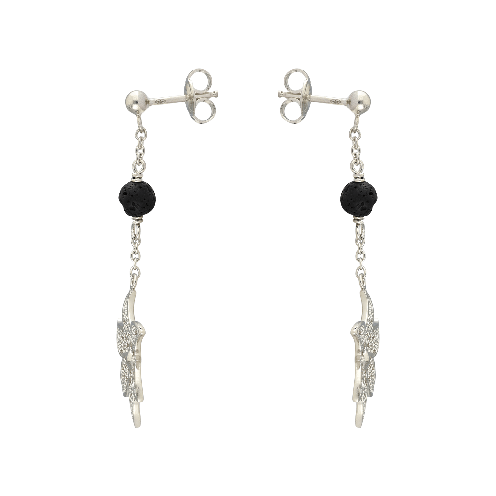 Boucles d'Oreilles Argent Pendentif fleur filigrane pierre de lave