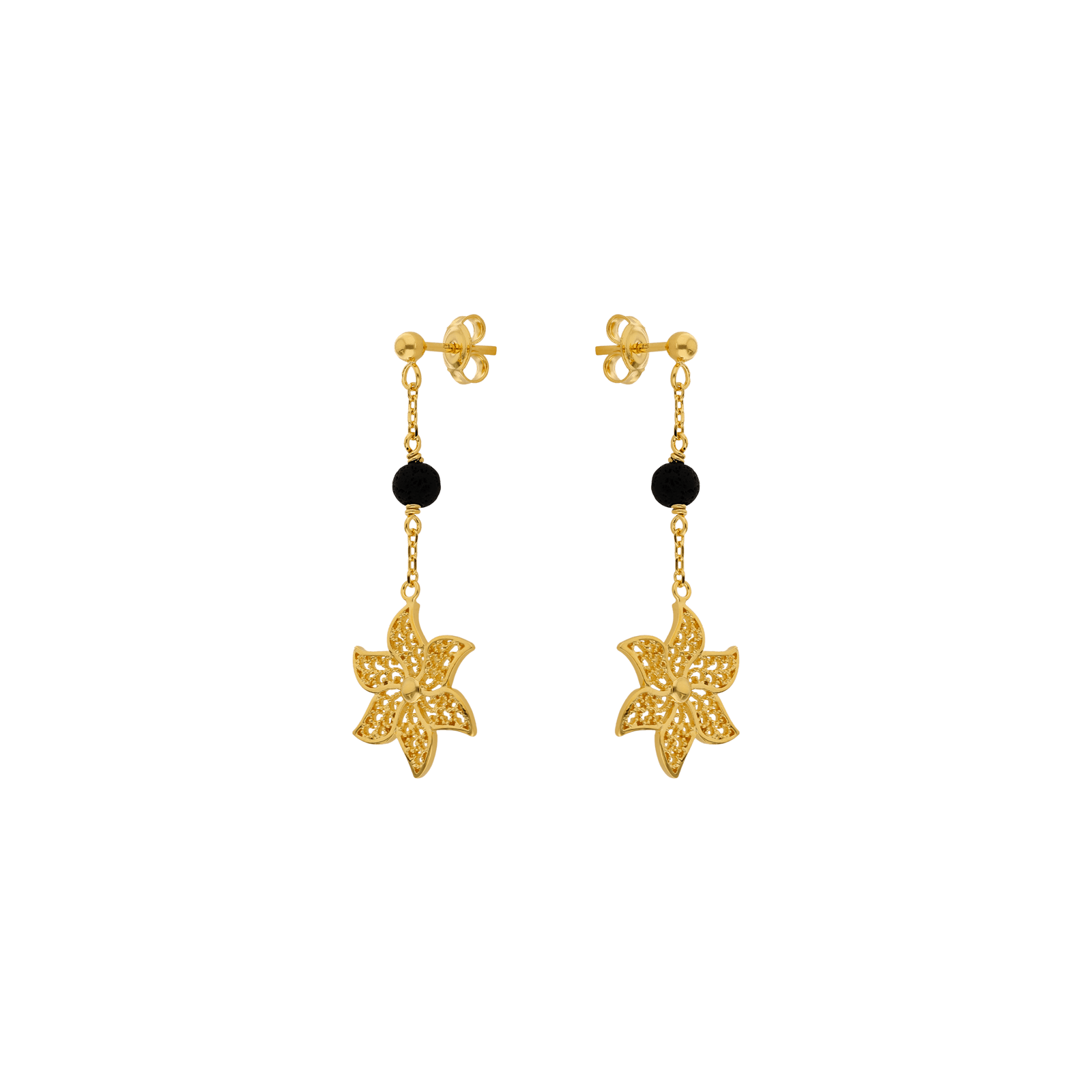 Boucles d'Oreilles plaqué or Pendentif fleur filigrane pierre de lave