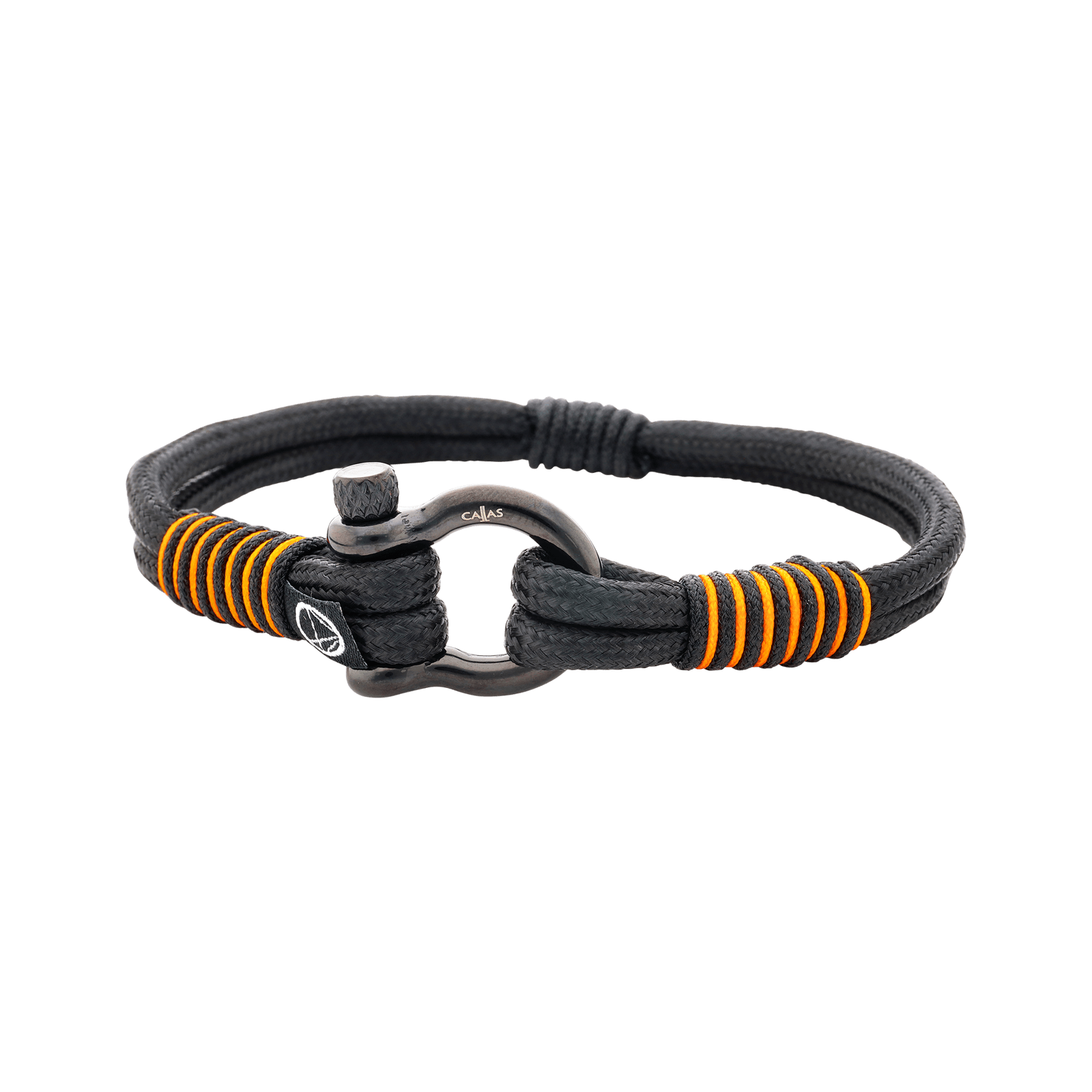 bracelet homme acier callas corde nylon noir et orange manille acier ion plating black 21cm