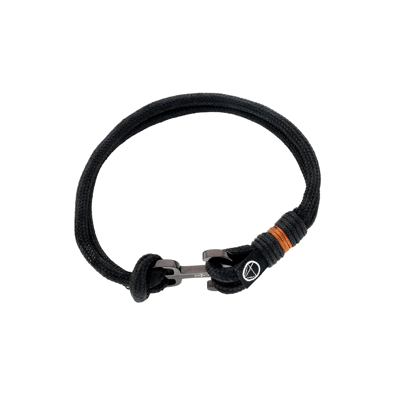 Bracelet Callas cordon nylon noir et marron ancre acier Ion Plating Black 21 centimètres