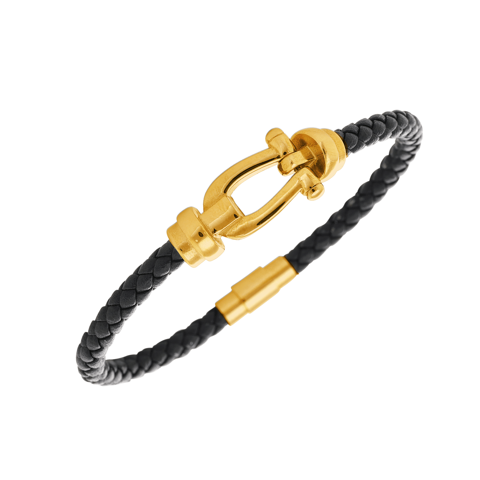 Bracelet Callas cuir tressé noir manille Acier doré 21 centimètres