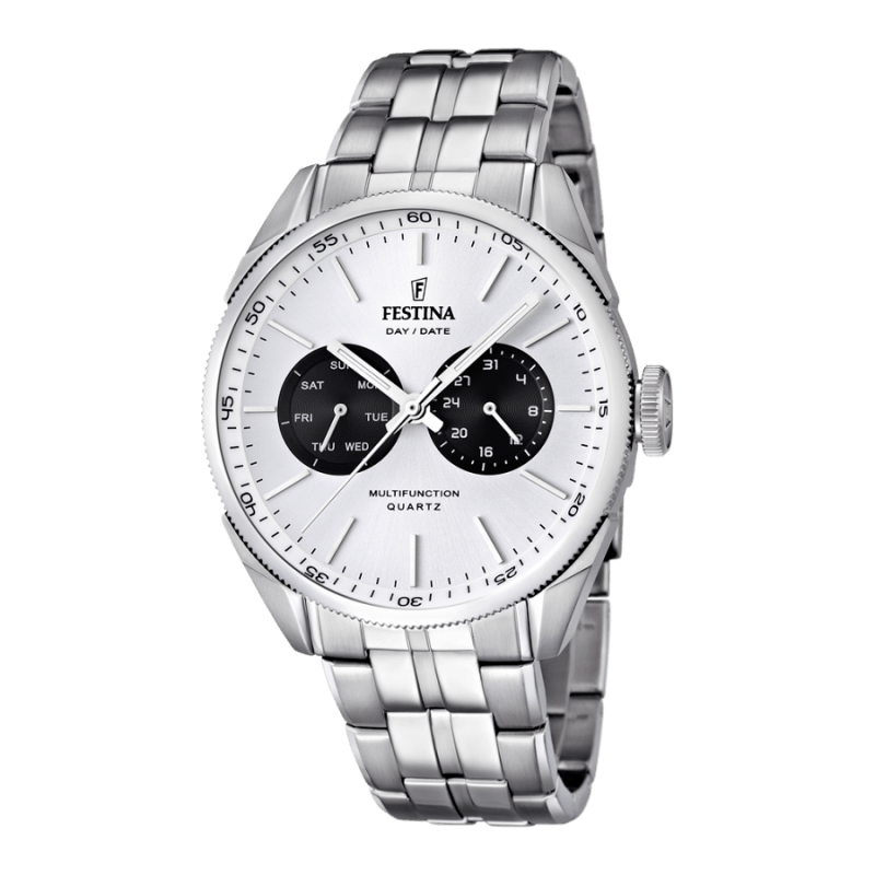 montre festina collection retro f16630/2, multifonction homme avec jour et date, boîtier acier 43 mm, cadran blanc, mouvement quartz, verre minéral, étanchéité 5 atm