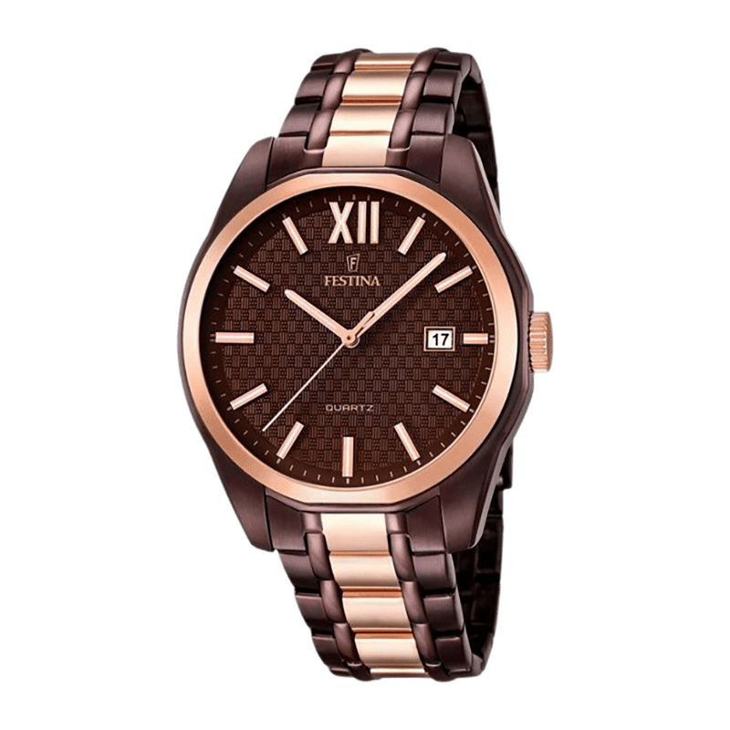 montre festina f16855/2 (modèle « dress ») : habillée pour homme, mouvement quartz précis, boîtier rond de ~43 mm en acier bicolore (acier + finition rose gold), verre minéral, aiguilles et index luminescents, étanche jusqu’à 100 m (10 atm), bracel