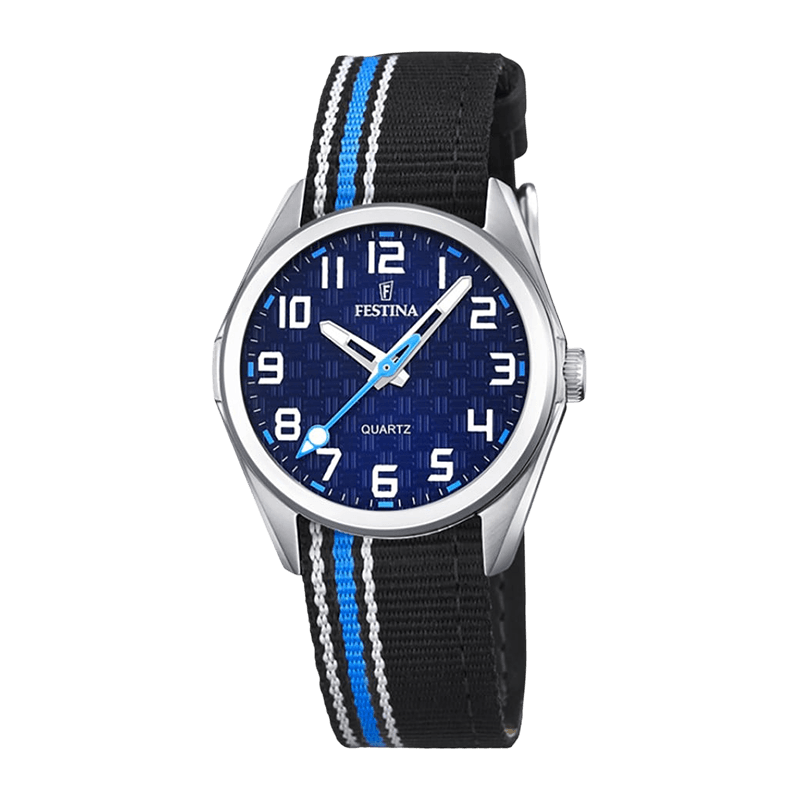 Montre Enfant Festina Junior Boîtier Acier 31mm, Cadran Bleu, Bracelet Textile Noir – F16904/2