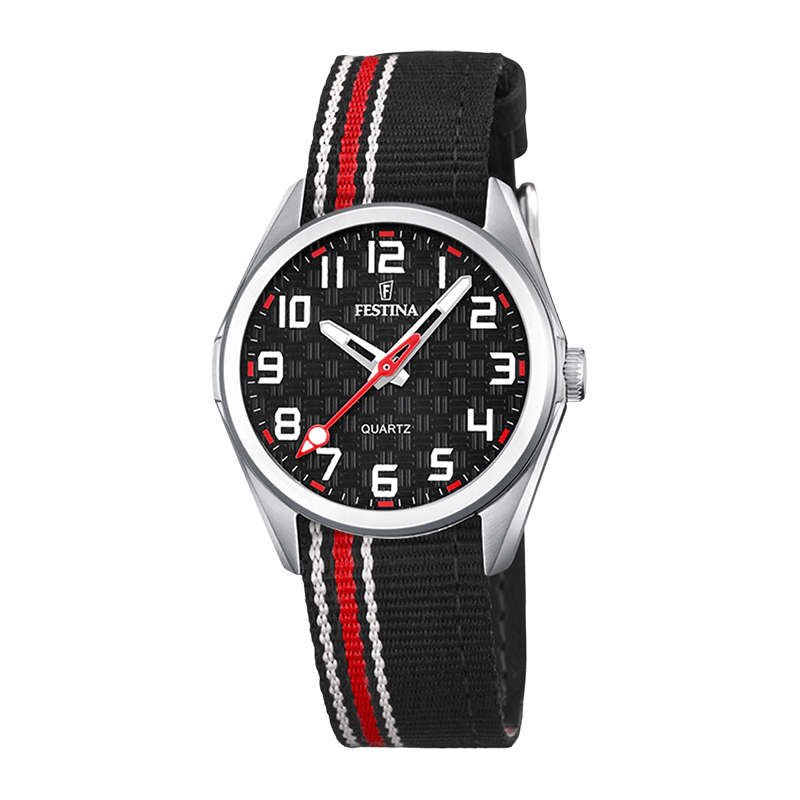 Montre Enfant Festina Junior Boîtier Acier 30mm, Cadran Noir, Bracelet Cuir/Textile Noir – F16904/3