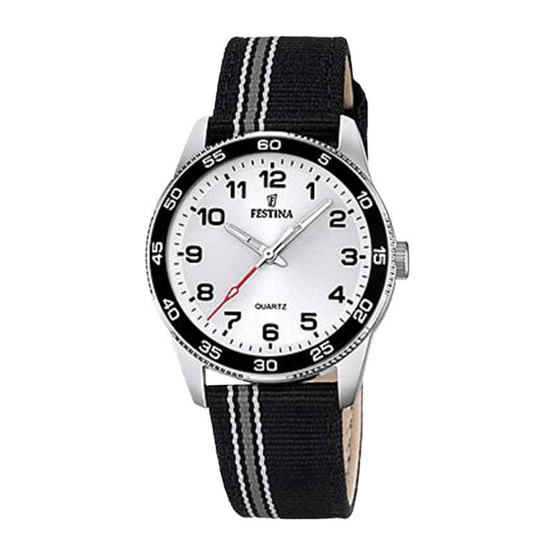 Montre Enfant Festina Junior Collection Boîtier Acier 33.9mm, Cadran Argenté, Bracelet Cuir/Textile – F16906/1