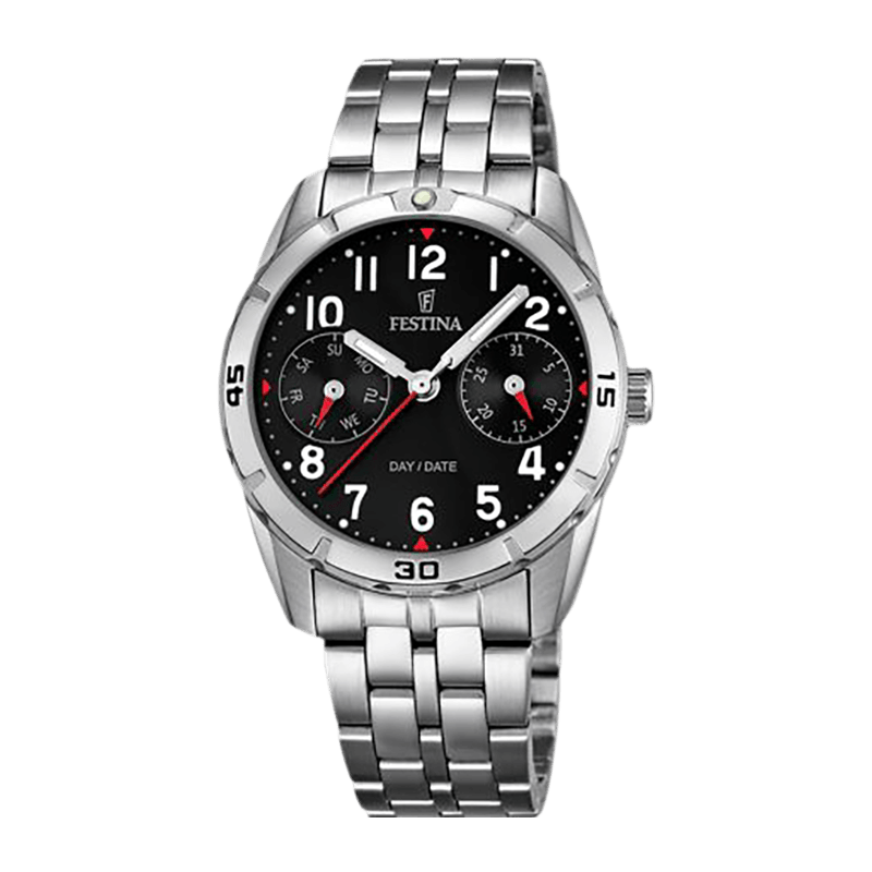 Montre Enfant Festina Junior Collection Acier 33mm Argenté, Cadran Noir Chronographe – F16908/3