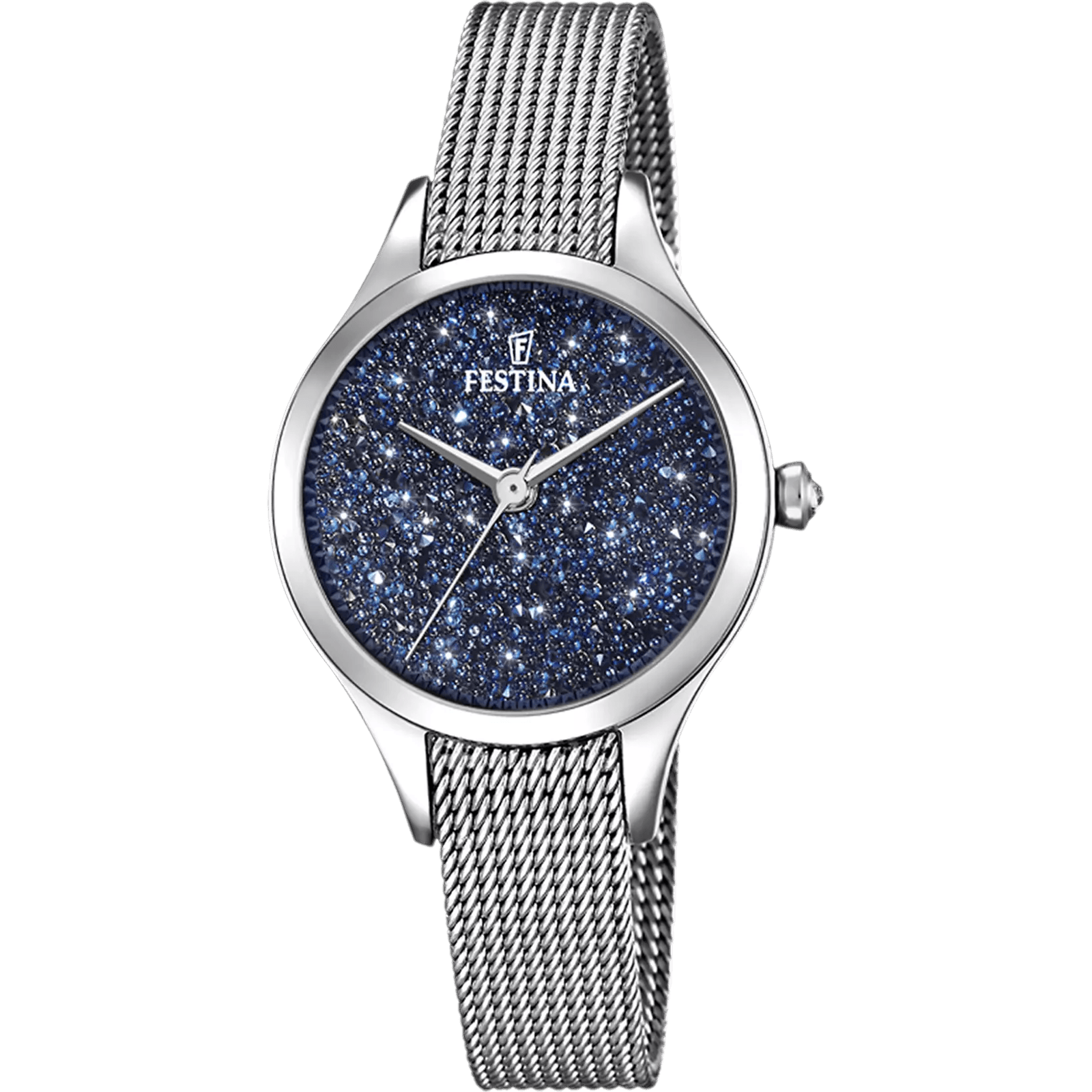 montre festina mademoiselle en acier argenté (référence f20336/2) : l’élégance tout simplement pour cette festina mademoiselle, dotée d’un mouvement à quartz et d’un affichage analogique à trois aiguilles. son cadran bleuté serti de cristaux s’asso