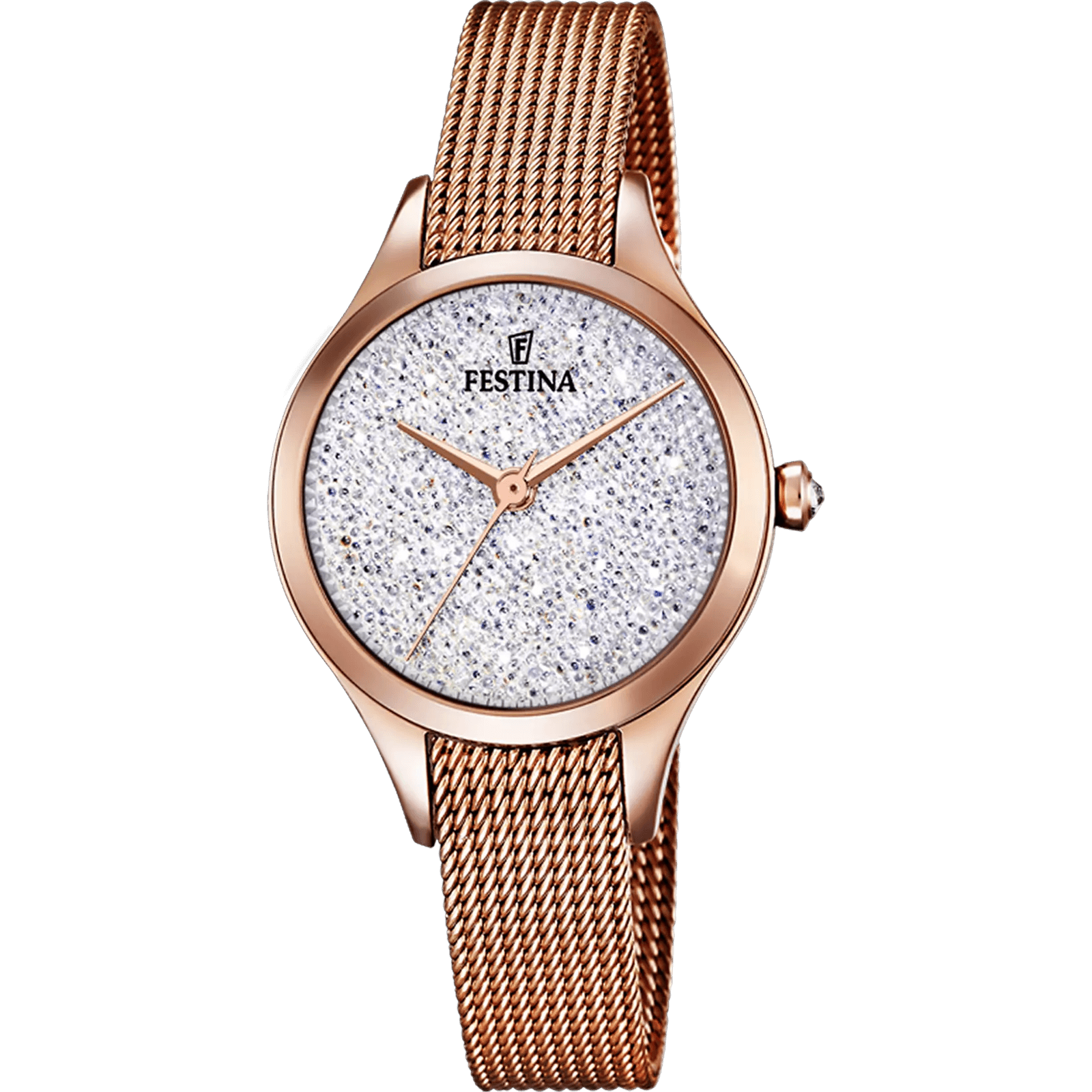 montre festina femme « mademoiselle » référence f20338/1 - boîtier rond en acier inoxydable couleur or rosé, diamètre environ 32 mm, cadran blanc décoré de cristaux swarovski, mouvement à quartz analogique (trois aiguilles), bracelet maille milanaise a