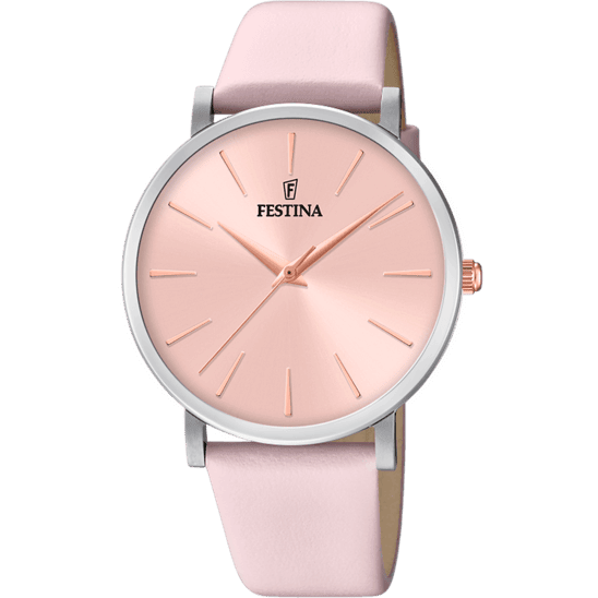 montre festina femme boyfriend f20371/2 : analogique à quartz, boîtier acier de 38 mm, cadran rose, bracelet cuir rose, verre minéral, étanche 3 à 5 atm