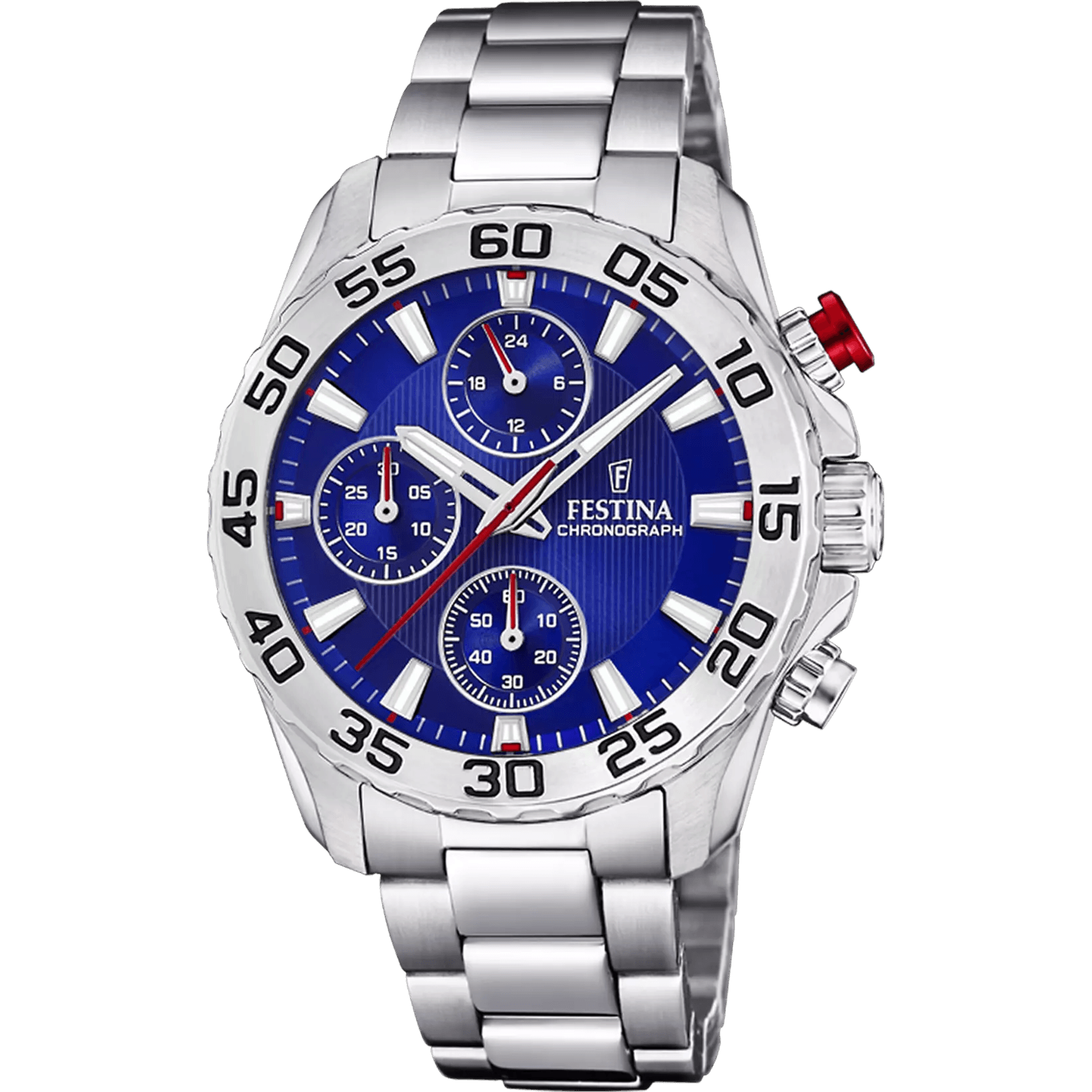 montre festina junior f20457/2 : analogique junior avec fonction chronographe, mouvement quartz, boîtier et bracelet en acier inoxydable, cadran bleu, verre minéral, étanchéité 5 atm, dimensions autour de 36‑37 mm.