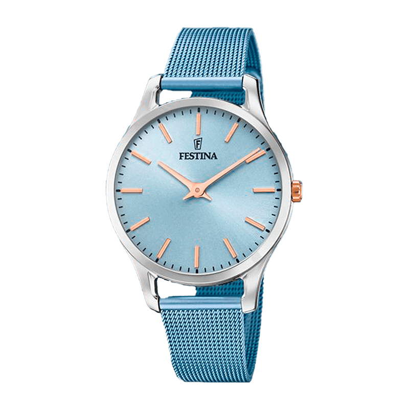 Montre Femme Festina Boyfriend Acier Argenté 34mm, Bracelet Milanais Bleu, Cadran Bleu – F20506-2