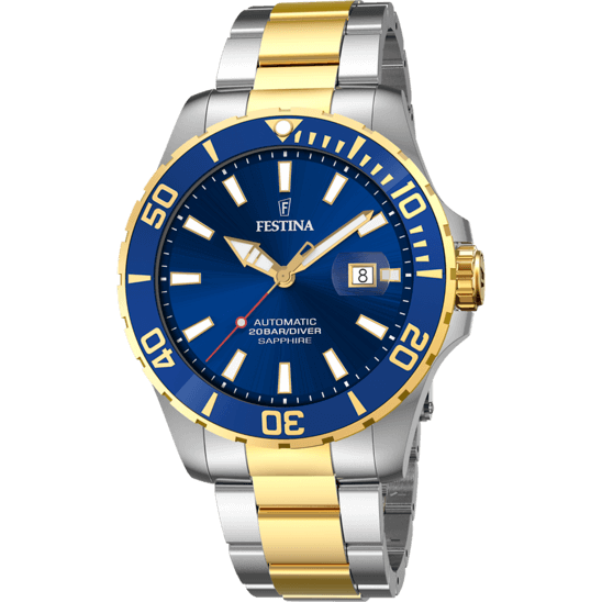Festina F20532/1 est une montre automatique élégante avec boîtier rond en acier inoxydable, cadran bleu avec verre saphir, bracelet bicolore en acier, affichage de la date, étanche et mouvement automatique Miyota.