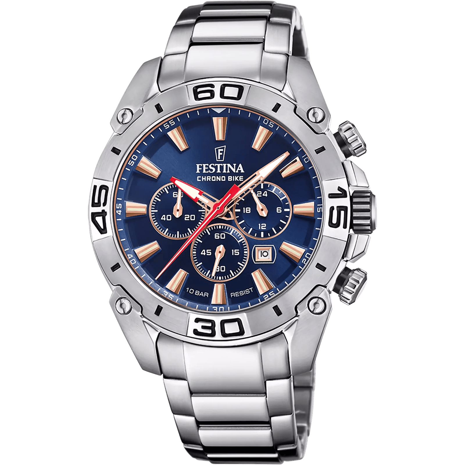montre festina chrono bike f20543/4 : chronographe quartz homme, boîtier acier inoxydable, cadran bleu, verre minéral, bracelet argenté, date, chronographe, étanchéité 10 atm.