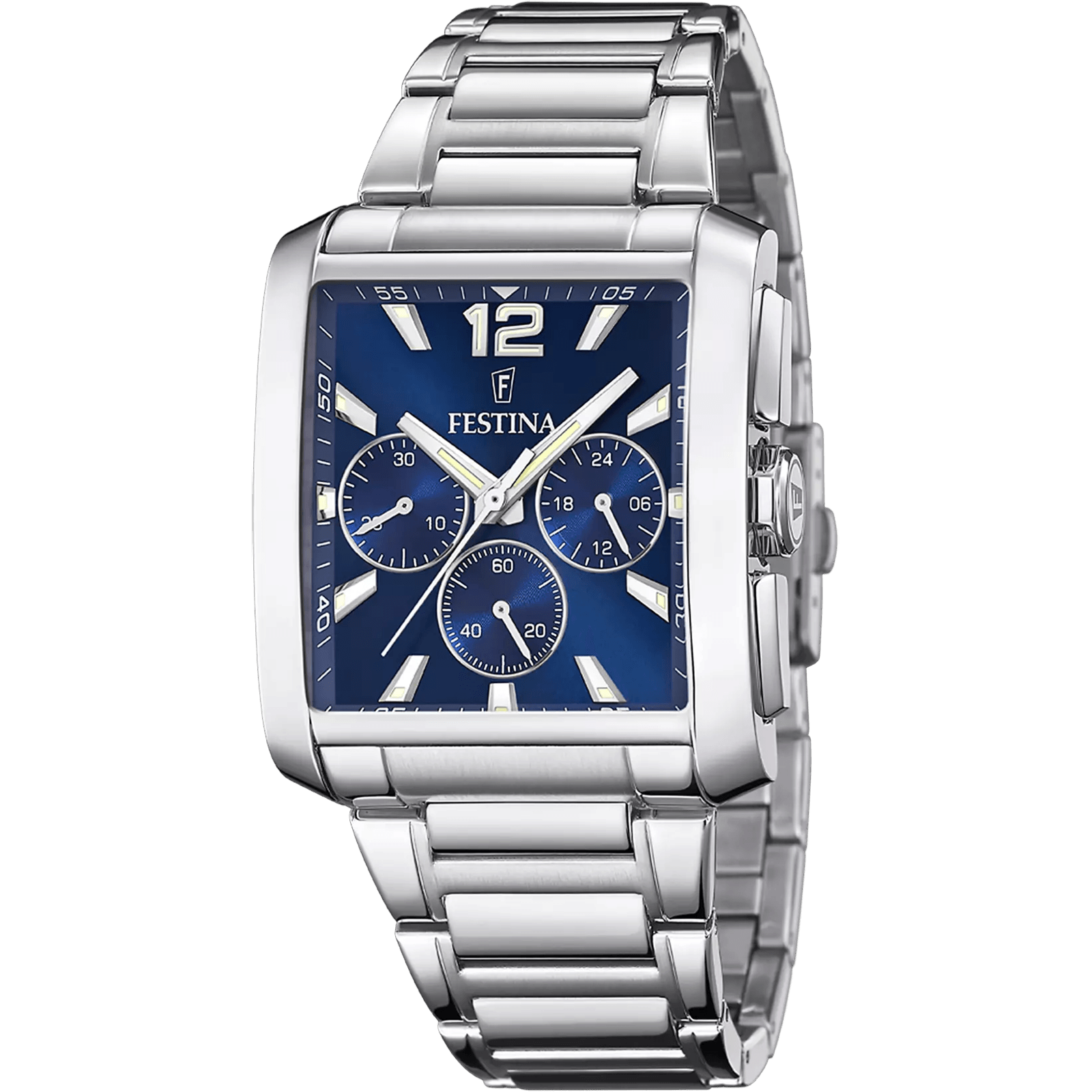 montre festina chrono sport f20635/2, boîtier rectangulaire acier inoxydable ~38 mm, verre minéral, cadran bleu, mouvement quartz miyota, chronographe, étanchéité 50 m, bracelet argenté, boucle déployante