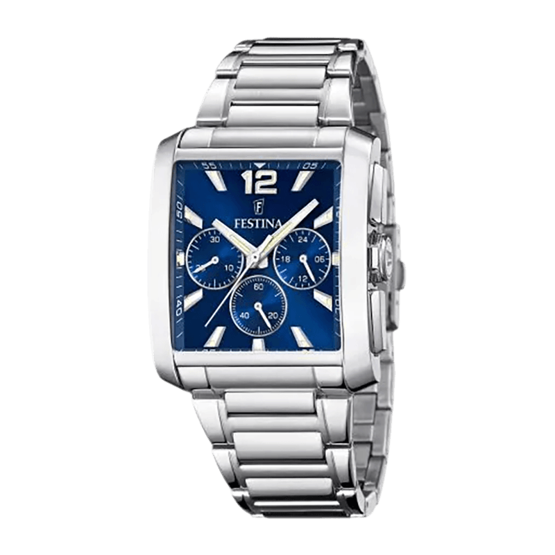 Montre Homme Festina Timeless Chrono "On the Square" Acier Rectangulaire Argenté, Cadran Bleu Chronographe –F20635-2