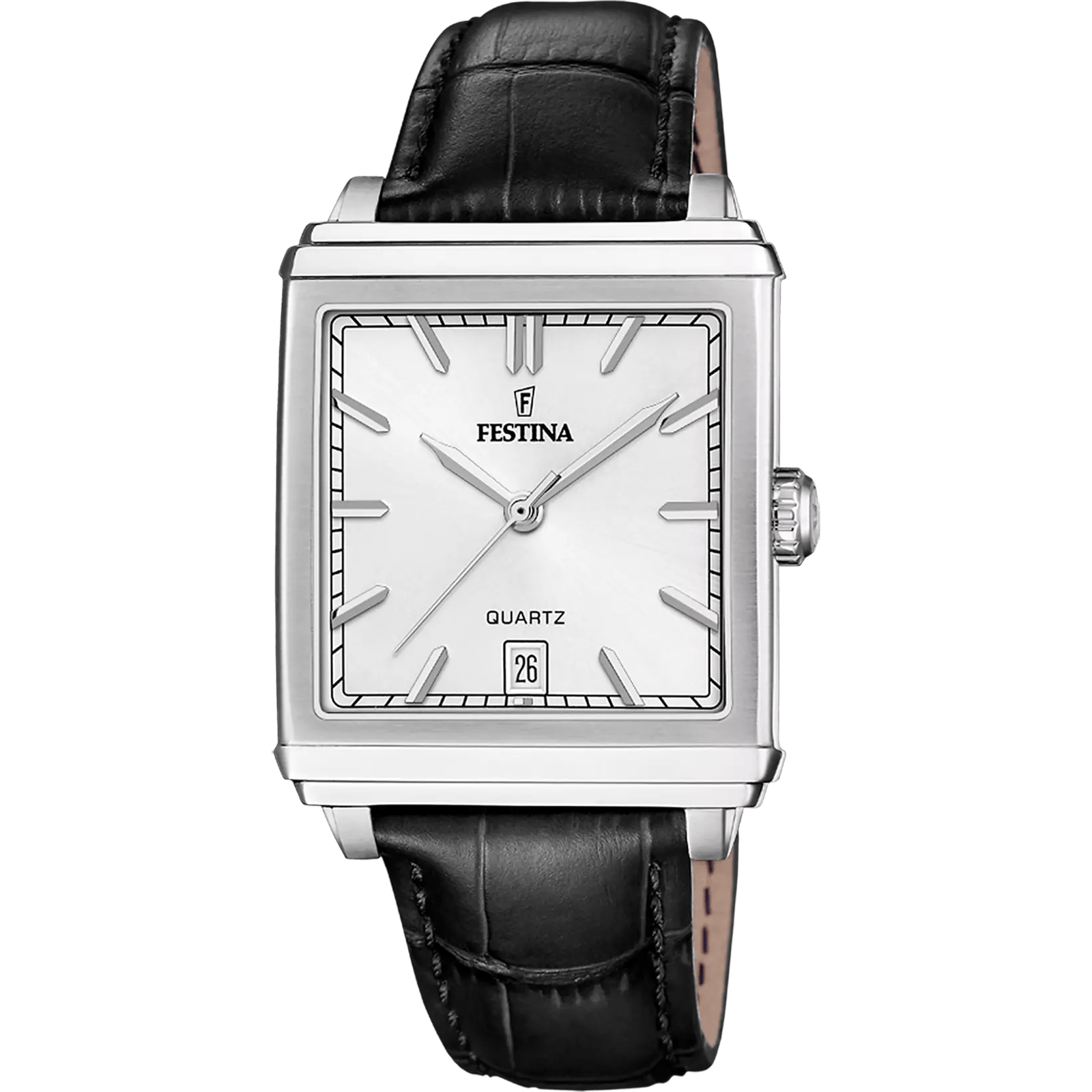 Festina On The Square F20681/2 – montre homme au design carré, boîtier acier, cadran argent, bracelet cuir noir, mouvement quartz Miyota GR12, verre minéral, étanchéité 50 m