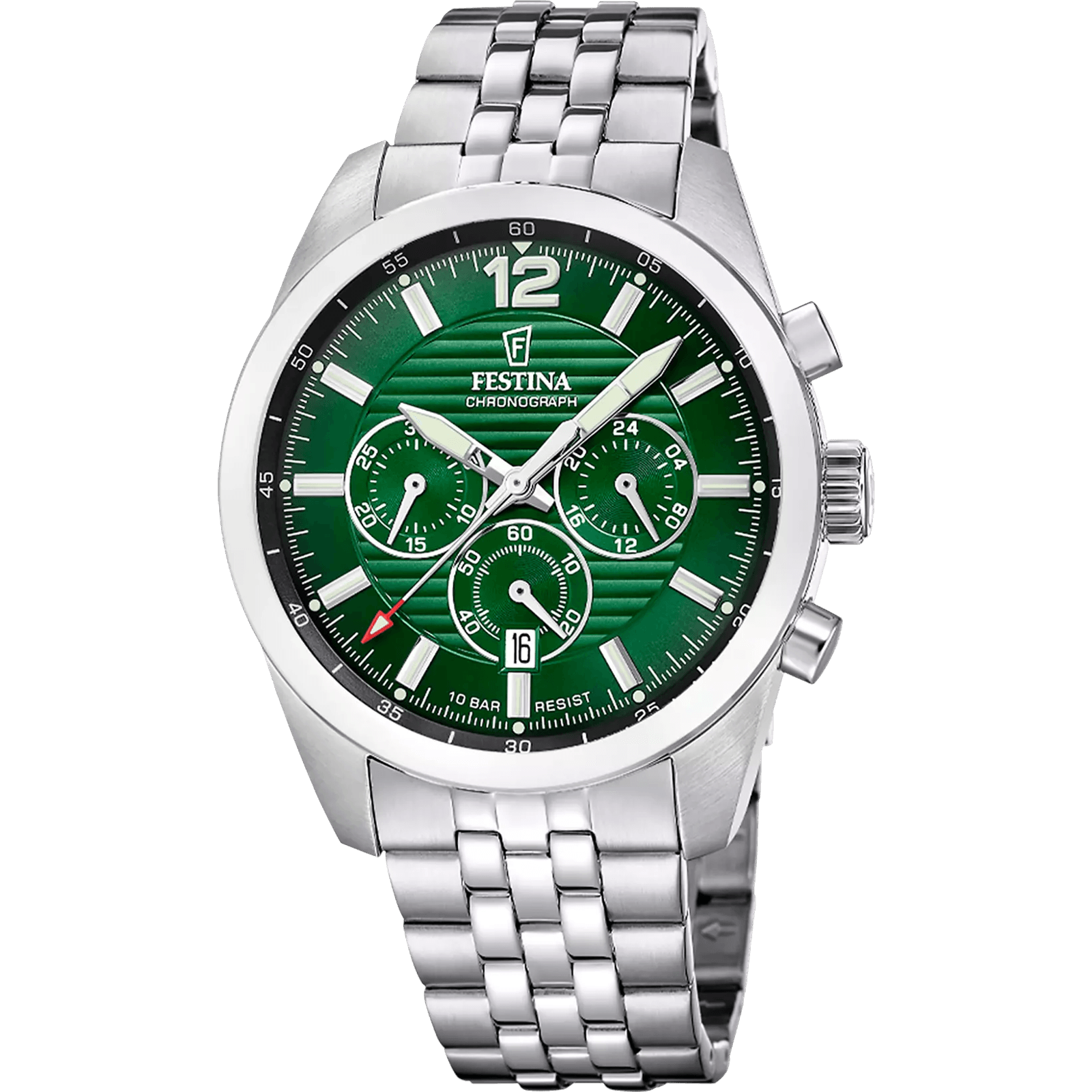 festina timeless chronographe f20742/5 : montre homme au style élégant et sportif, avec boîtier acier inoxydable 43,8 mm, cadran vert, mouvement quartz miyota js25, verre minéral, bracelet acier inoxydable et étanchéité 10 atm.