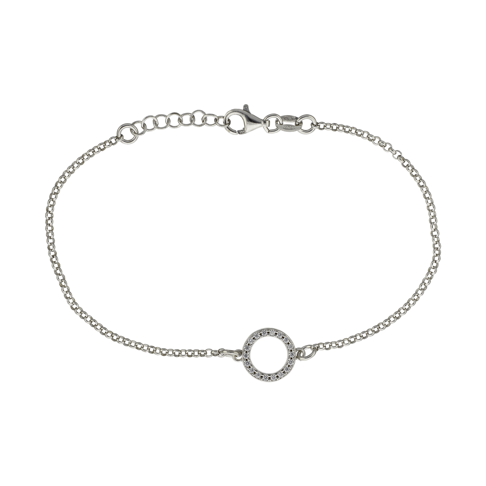 Bracelet Argent Centre cercle sertie Oxyde de Zirconium 18 plus 2 centimètres