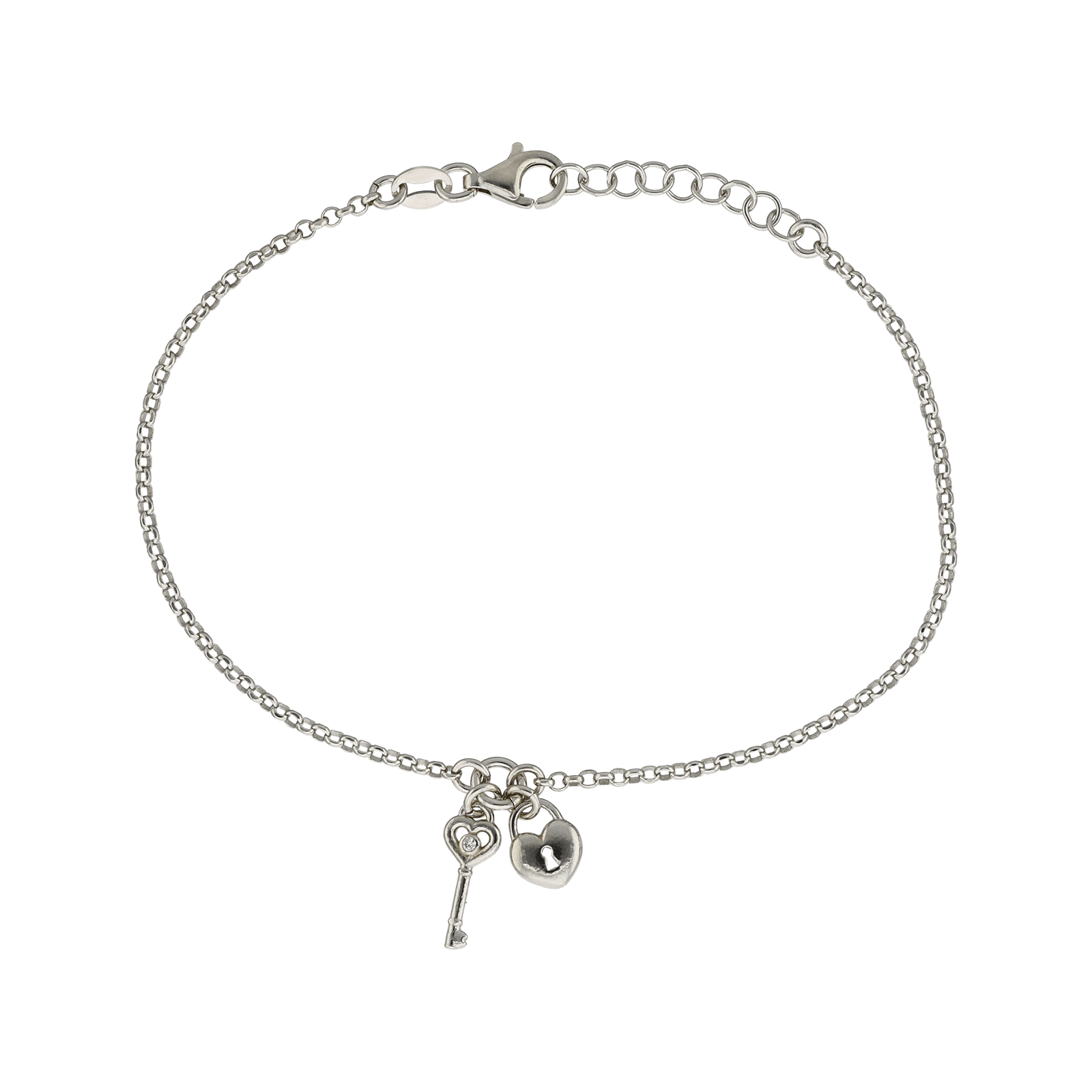 Bracelet Argent Centre clef plus cadenas coeur 18 plus 2 centimètres