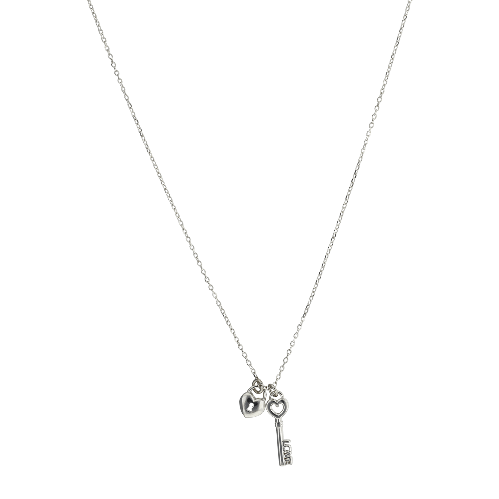Collier Argent Centre clef plus coeur cadenas 42 plus 3 centimètres