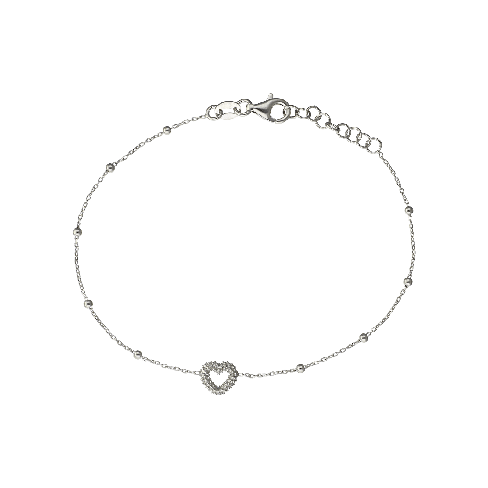 bracelet argent boules centre coeur texturée 18 centimètres plus 2 centimètres