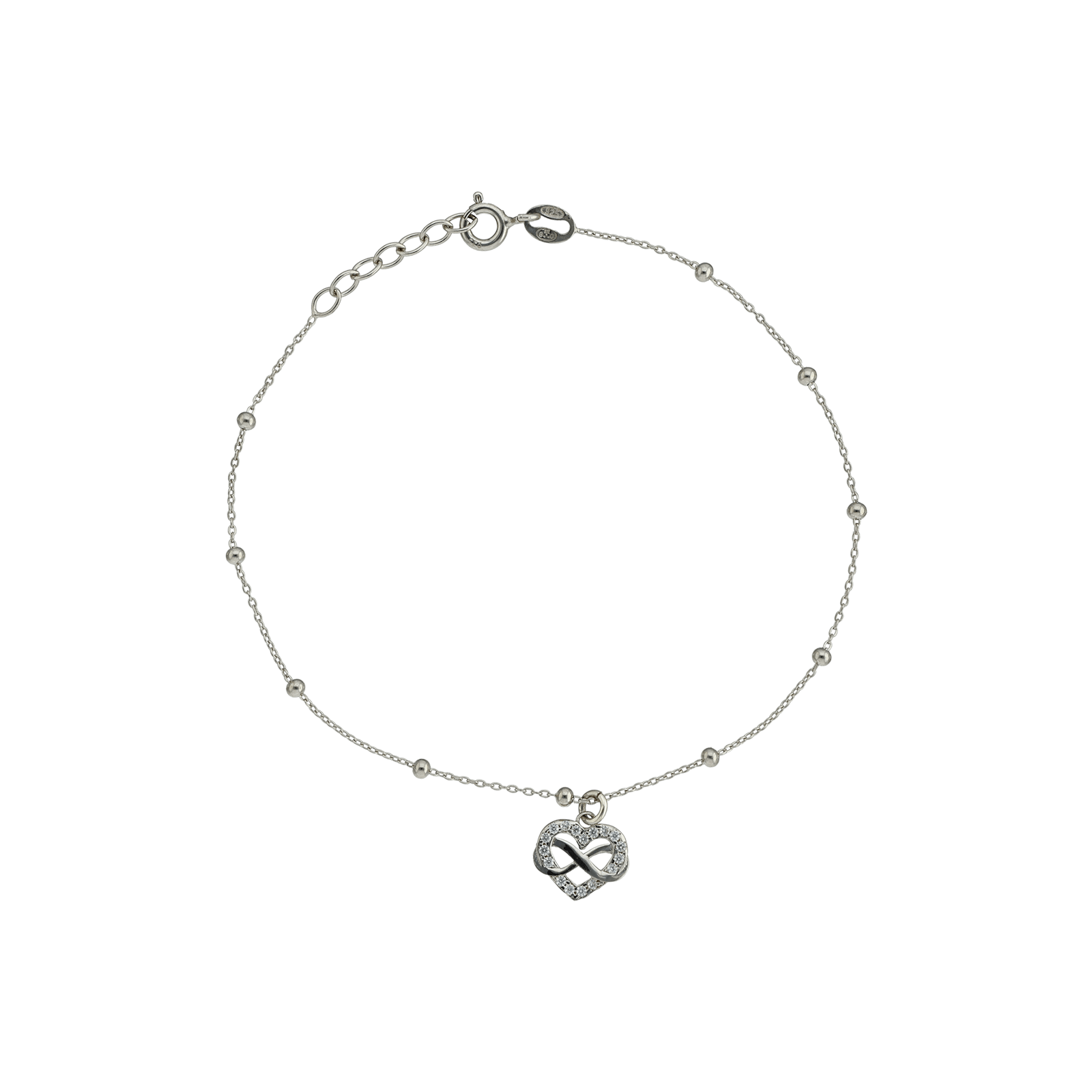 Bracelet Argent blé Centre coeur intérieur Infini 18 centimètres plus 2 centimètres