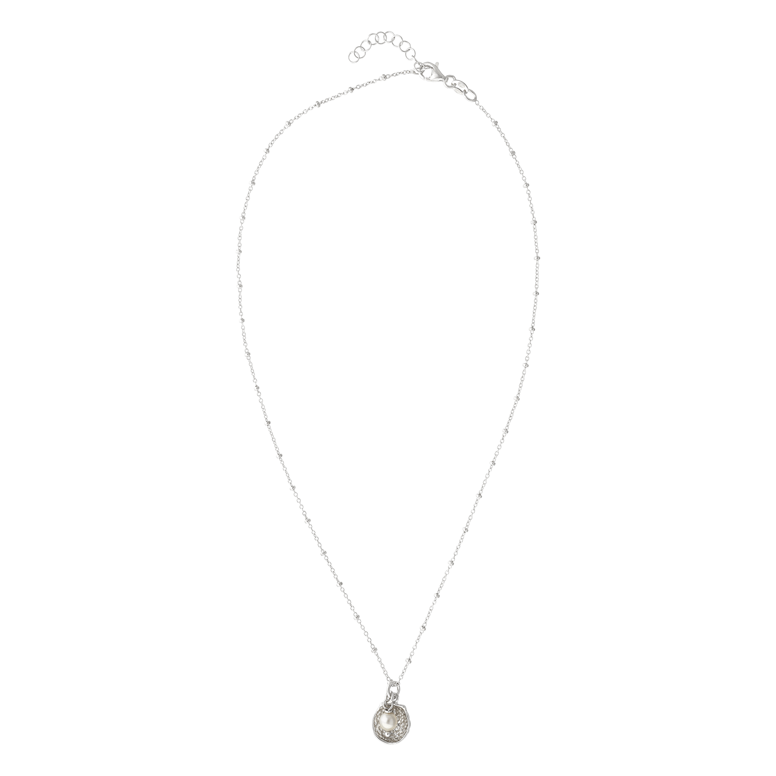 collier Argent blé breloque coquillage et perle 42 plus 3 centimètres