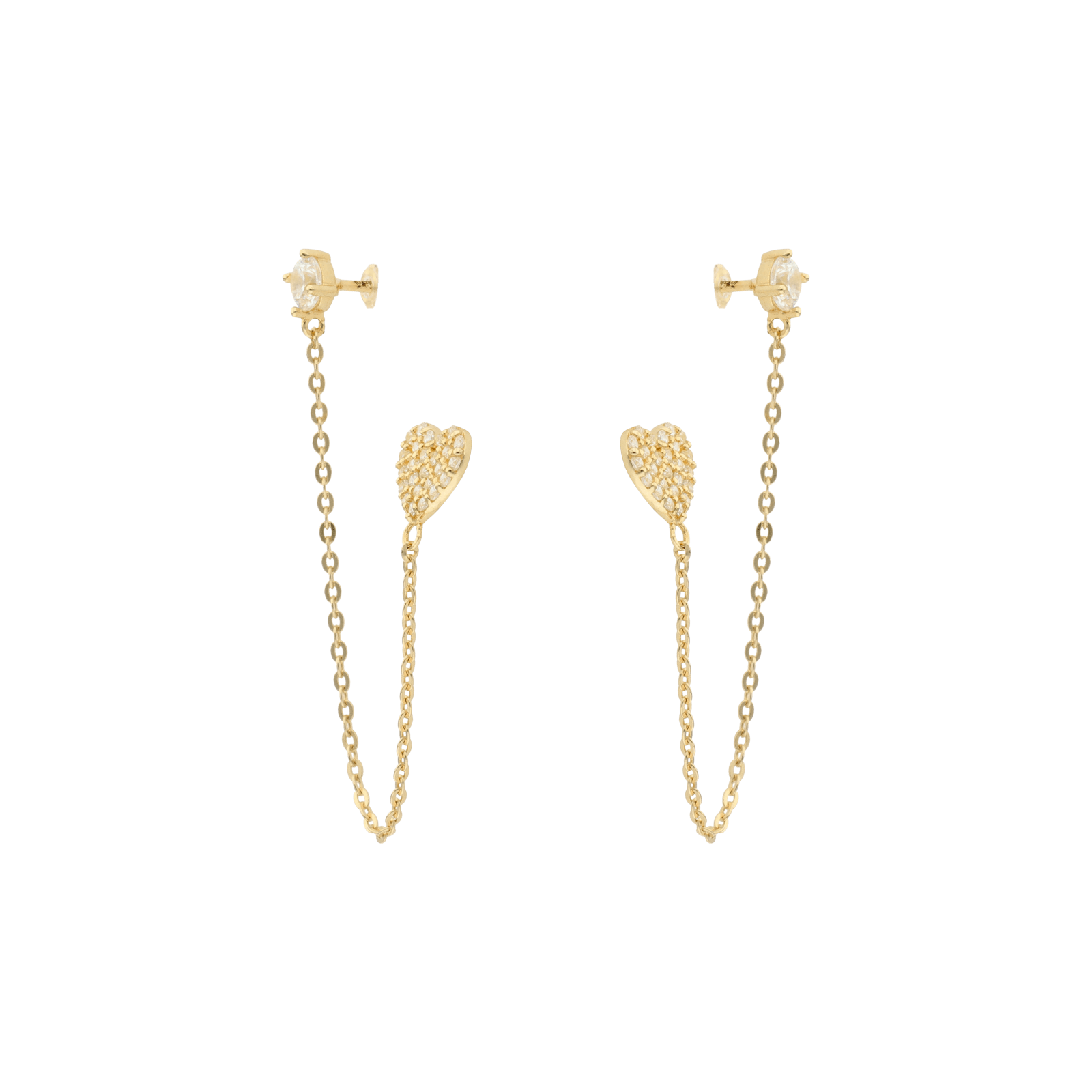 mono boucle d'oreille boucles d'oreilles clou oxyde de zirconium et chainette coeur sertie de zirconium
