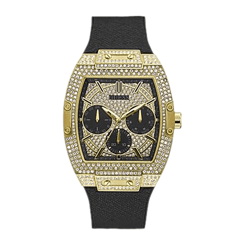 Montre Homme Guess Phoenix Boîtier Acier Doré Tonneau 43mm, Cristaux, Cadran Doré, Bracelet Cuir Noir/Silicone Multifonction – GW0048G2