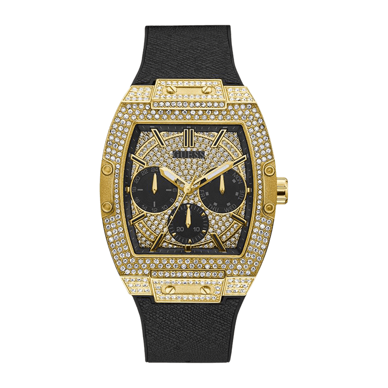 Montre Homme Guess Phoenix Boîtier Acier Doré Tonneau 43mm, Cristaux, Cadran Doré, Bracelet Cuir Noir/Silicone Multifonction – GW0048G2