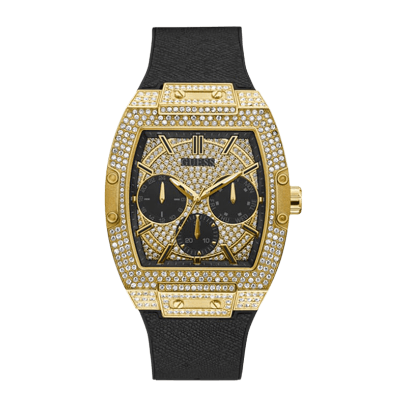 Montre Homme Guess Phoenix Boîtier Acier Doré Tonneau 43mm, Cristaux, Cadran Doré, Bracelet Cuir Noir/Silicone Multifonction – GW0048G2