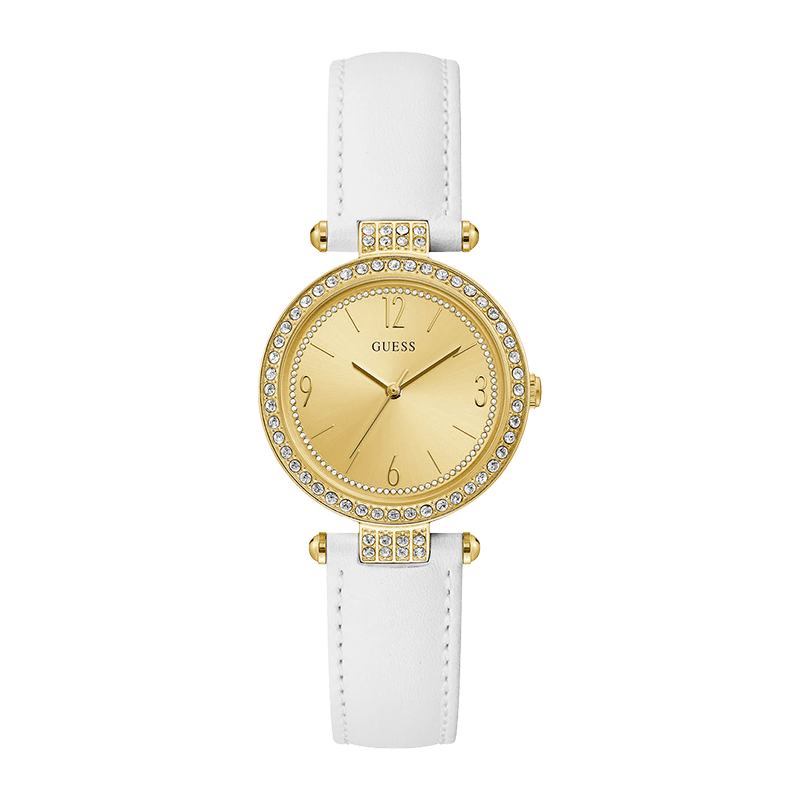 Montre Femme Guess Terrace Boîtier Acier Doré 32-34mm, Lunette Cristaux, Cadran Doré, Bracelet Cuir Blanc – GW0116L5