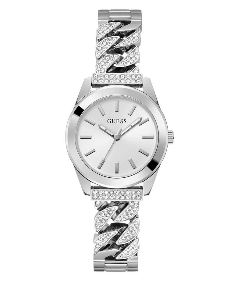 montre guess serena acier argenté ronde quartz 32 mm, fond blanc, bracelet argenté strassé.