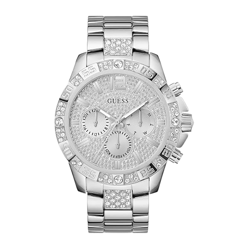 Montre Homme Guess Majestic Boîtier Acier Argenté 48mm, Lunette/Cadran Cristaux, Bracelet Acier Chaîne Multifonction –GW0796G1