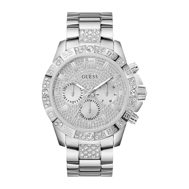 Montre Homme Guess Majestic Boîtier Acier Argenté 48mm, Lunette/Cadran Cristaux, Bracelet Acier Chaîne Multifonction –GW0796G1