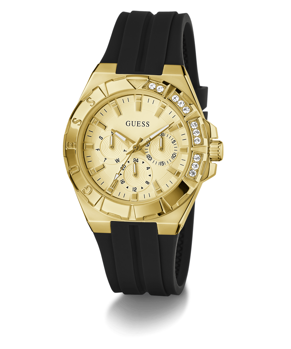 Montre Femme Guess Sport "Calypso" Boîtier Acier Doré, Lunette Cristaux, Cadran Champagne Bracelet Silicone Noir – GW1034L2