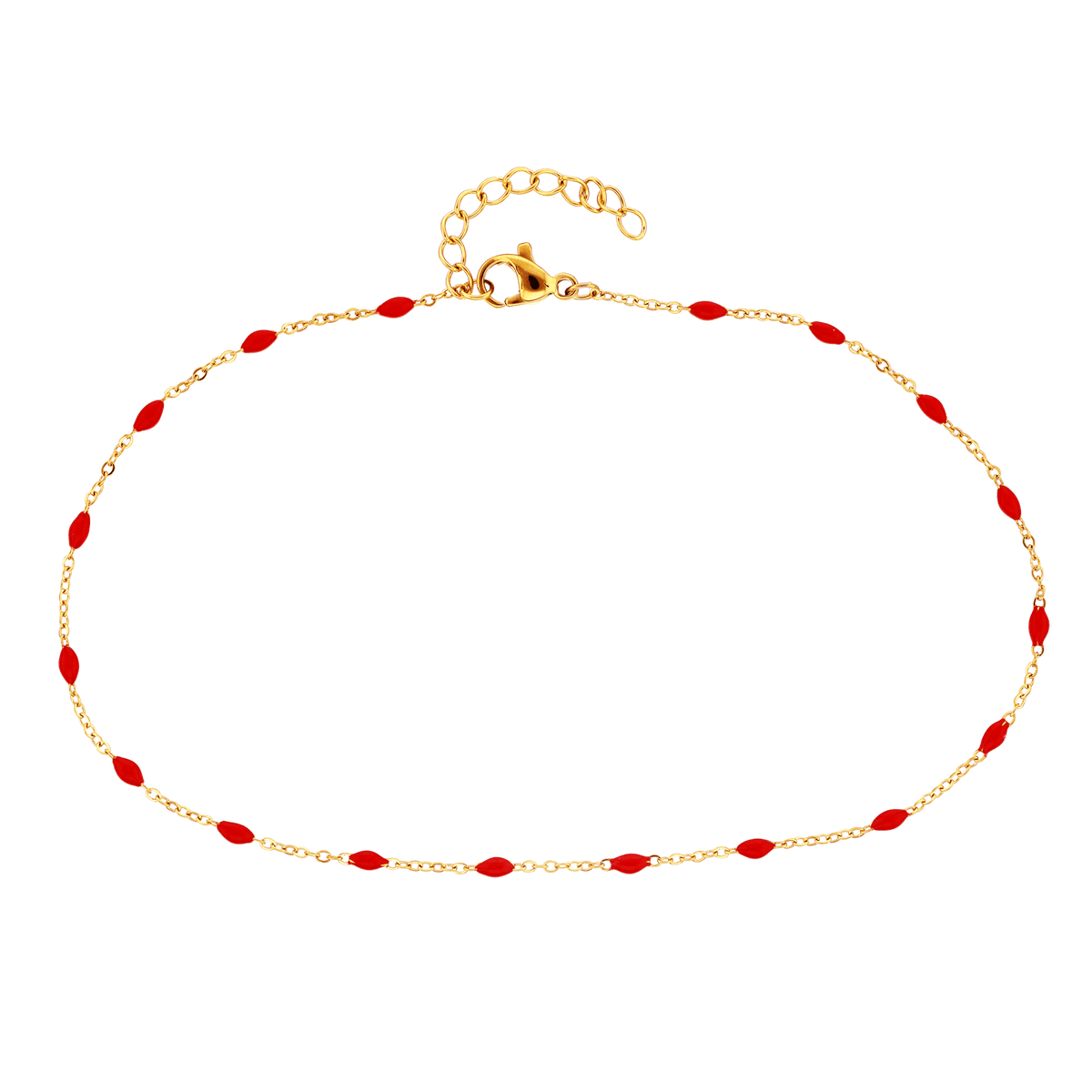 Chaîne Cheville Acier Jaune Olives Email Rouge 2mm Chaîne 1.2mm 25 à 28cm