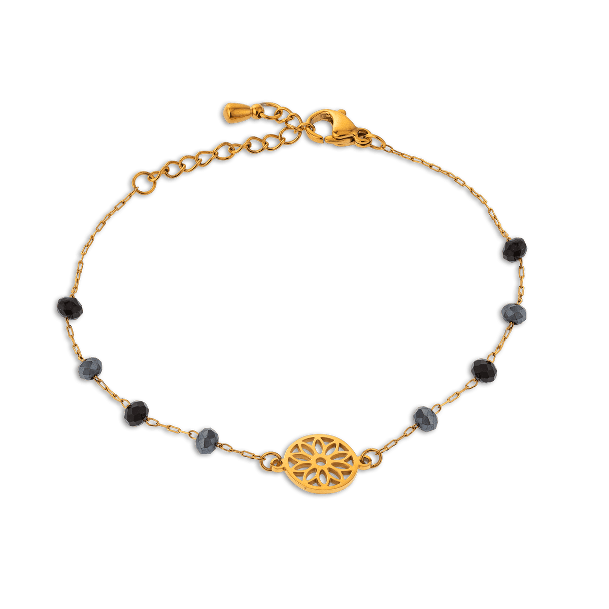 Bracelet Acier Jaune Pierres Synthétiques Noires 3.5mm Motif 10mm 16 à 19cm