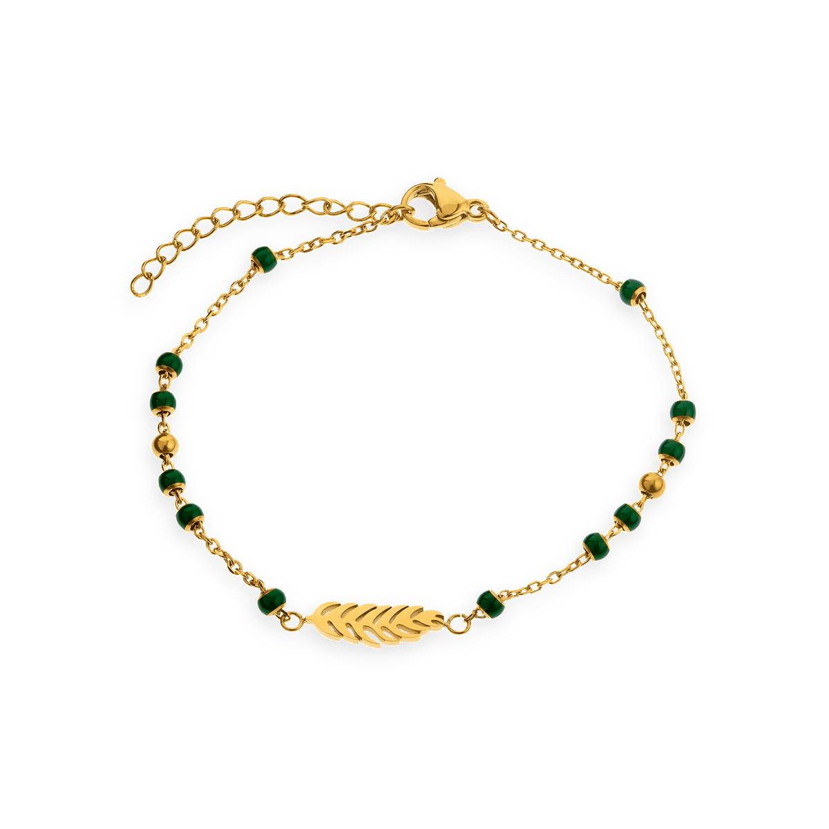 Bracelet Acier Jaune Chaîne 1.5mm 17 à 20cm Boules 3mm Email Vert Feuille 4.5*14mm